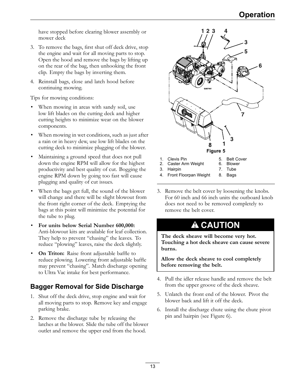 Caution, Operation, Bagger removal for side discharge | Exmark Lazer XP User Manual | Page 13 / 24