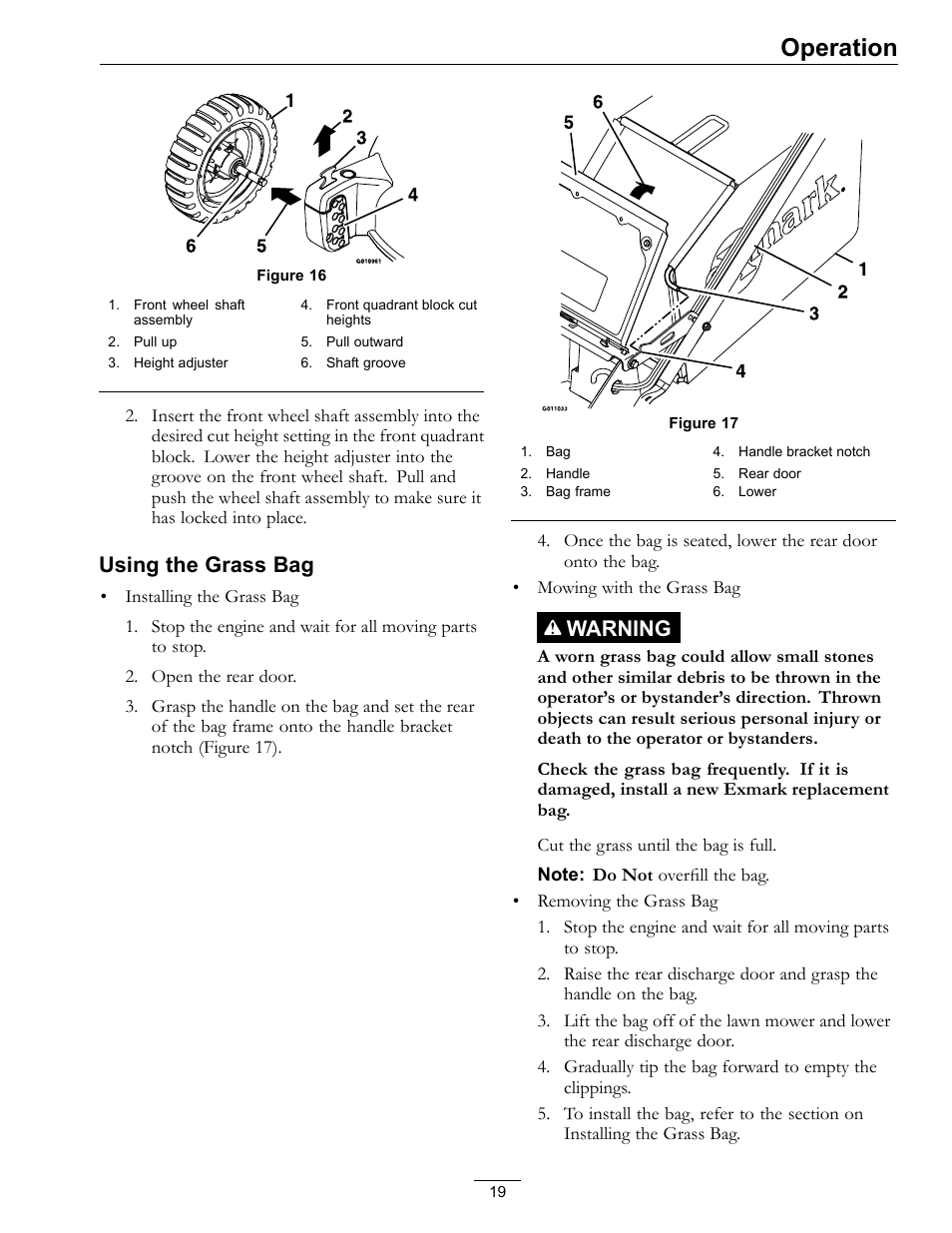 Figure 16, Operation, Using the grass bag | Warning | Exmark Lawn mower COMMERCIAL 21 User Manual | Page 19 / 40