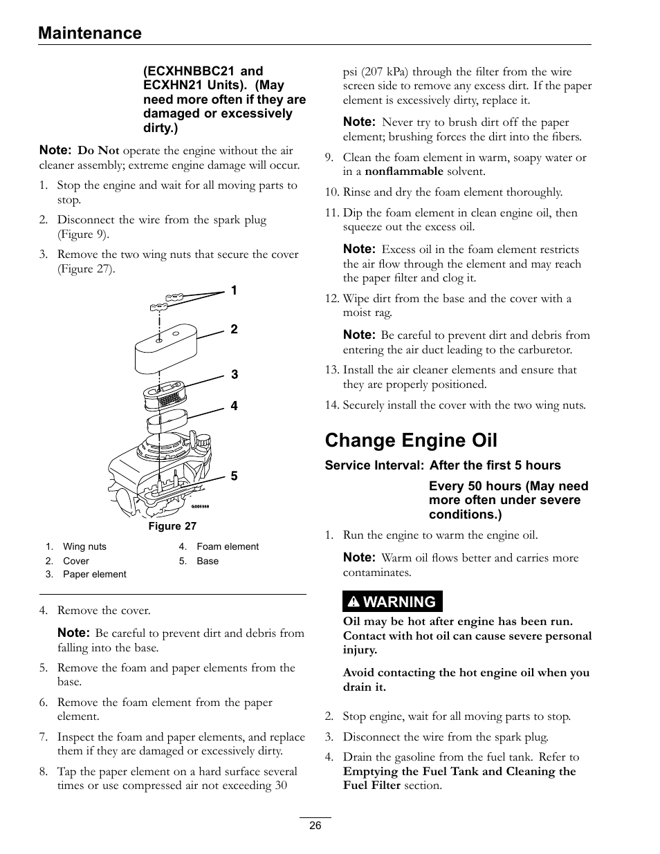 Change engine oil, Maintenance, Warning | Exmark Lawn mower COMMERCIAL 21 User Manual | Page 26 / 40