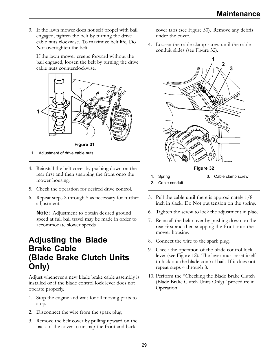 Adjusting the blade brake cable (blade, Brake clutch units only), Maintenance | Exmark Lawn mower COMMERCIAL 21 User Manual | Page 29 / 40