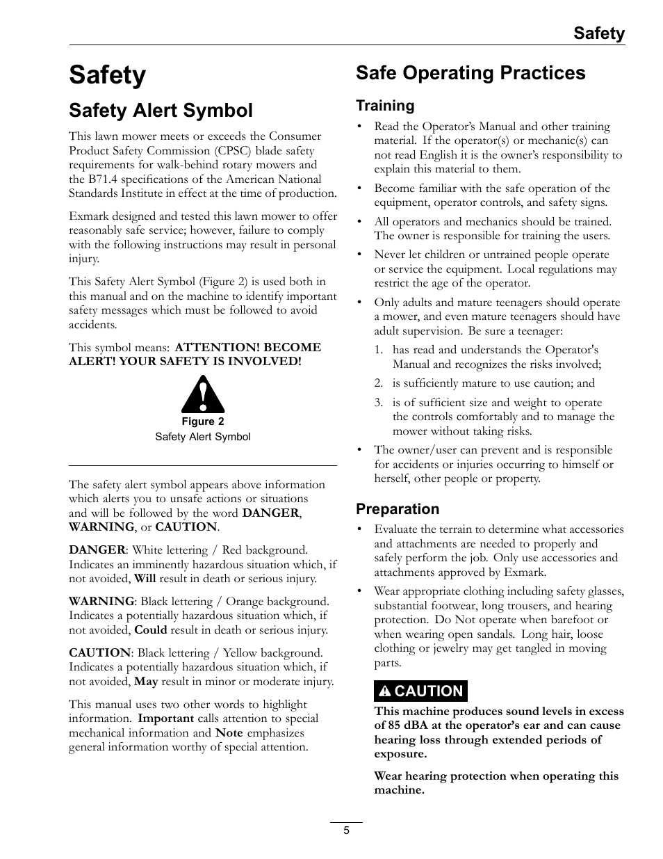 Safety, Safety alert symbol safe operating practices, Safety alert symbol | Safe operating practices | Exmark Lawn mower COMMERCIAL 21 User Manual | Page 5 / 40