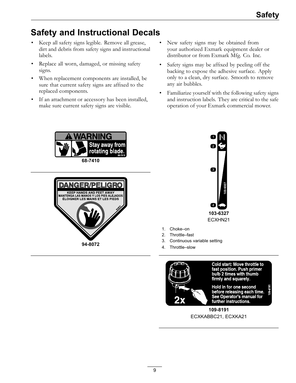 Safety and instructional decals, Safety | Exmark Lawn mower COMMERCIAL 21 User Manual | Page 9 / 40