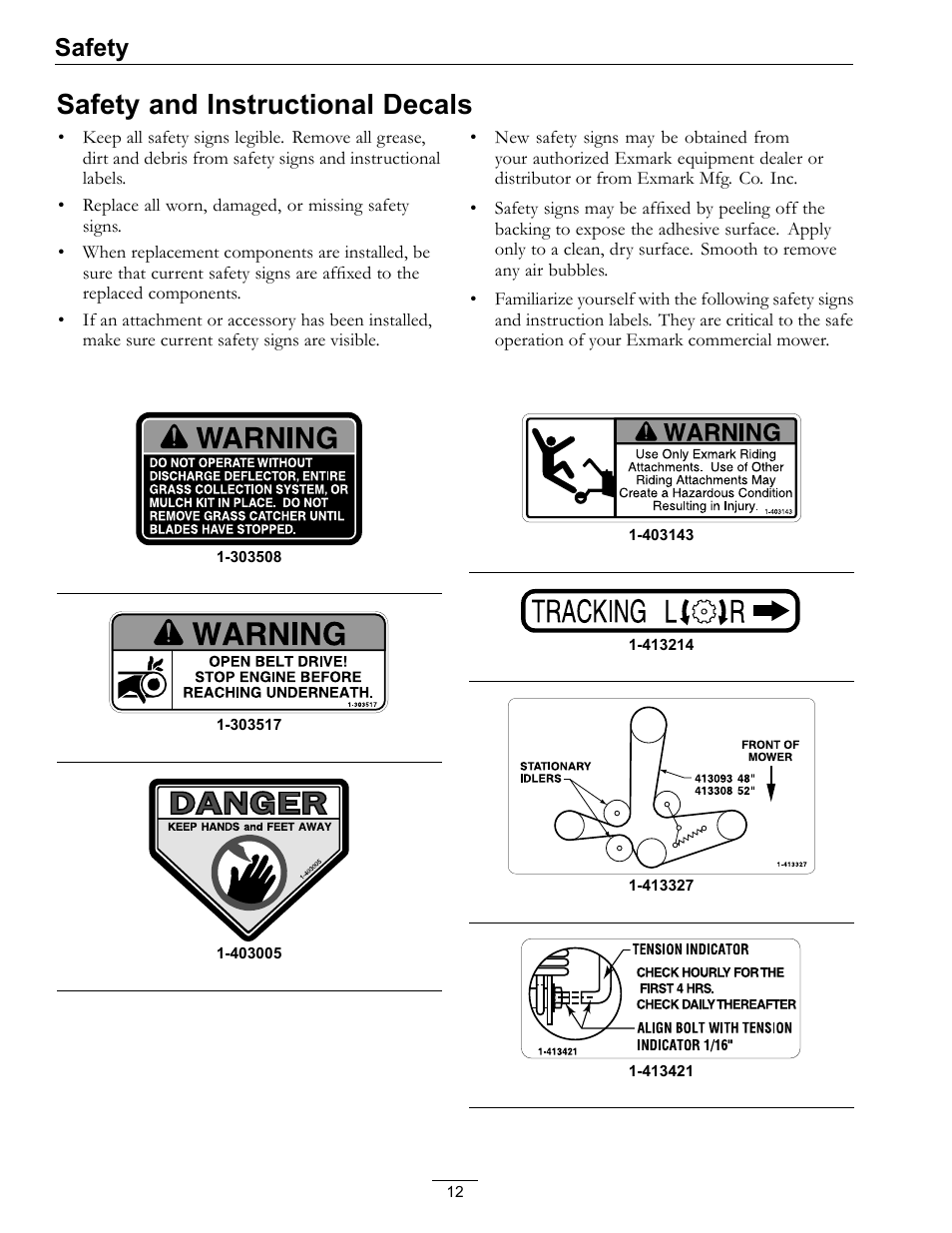 Safety and instructional decals, Safety | Exmark Turf Tracer S-Series 000 & higher User Manual | Page 12 / 52