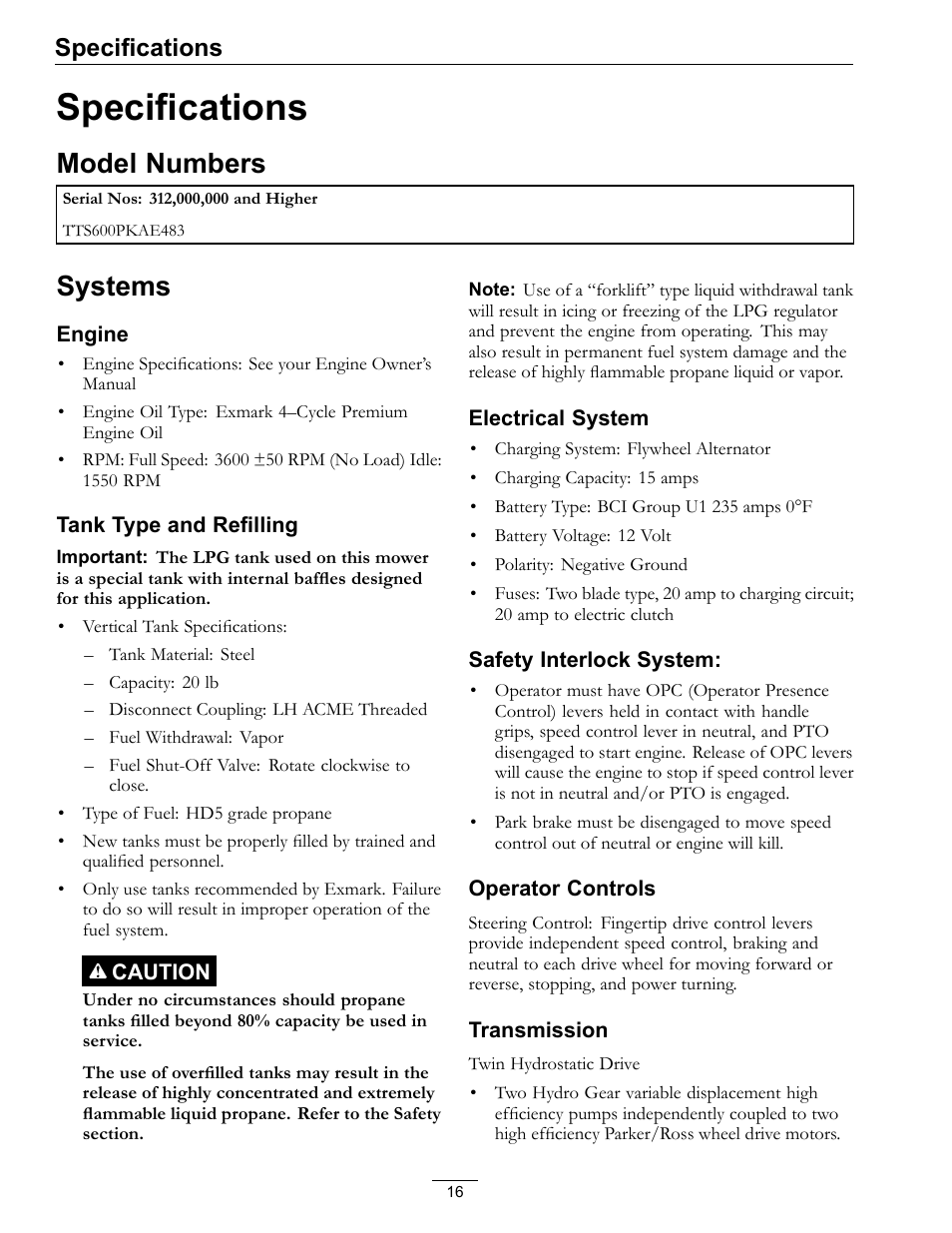Specifications, Model numbers systems, Model numbers | Systems | Exmark Turf Tracer S-Series 000 & higher User Manual | Page 16 / 52