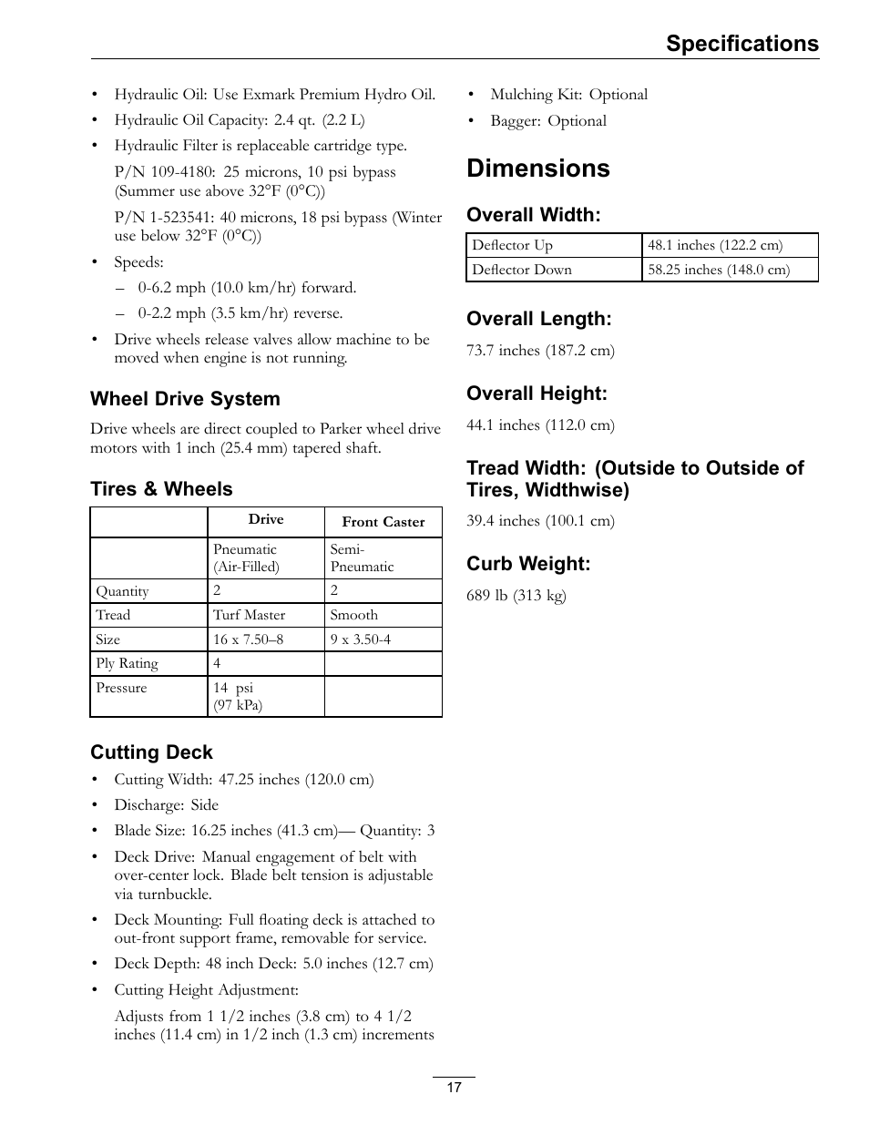Dimensions, Specifications | Exmark Turf Tracer S-Series 000 & higher User Manual | Page 17 / 52