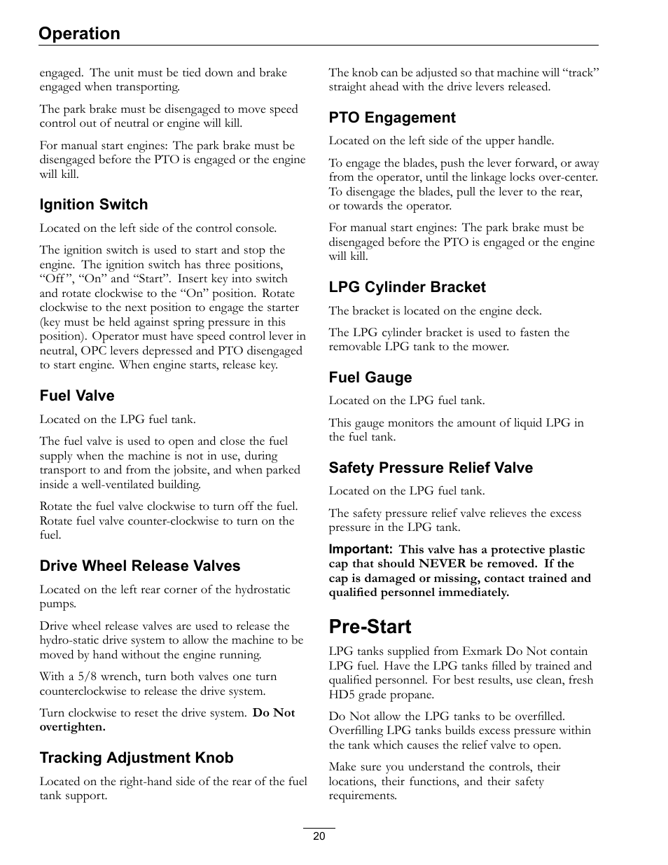 Pre-start, Operation | Exmark Turf Tracer S-Series 000 & higher User Manual | Page 20 / 52