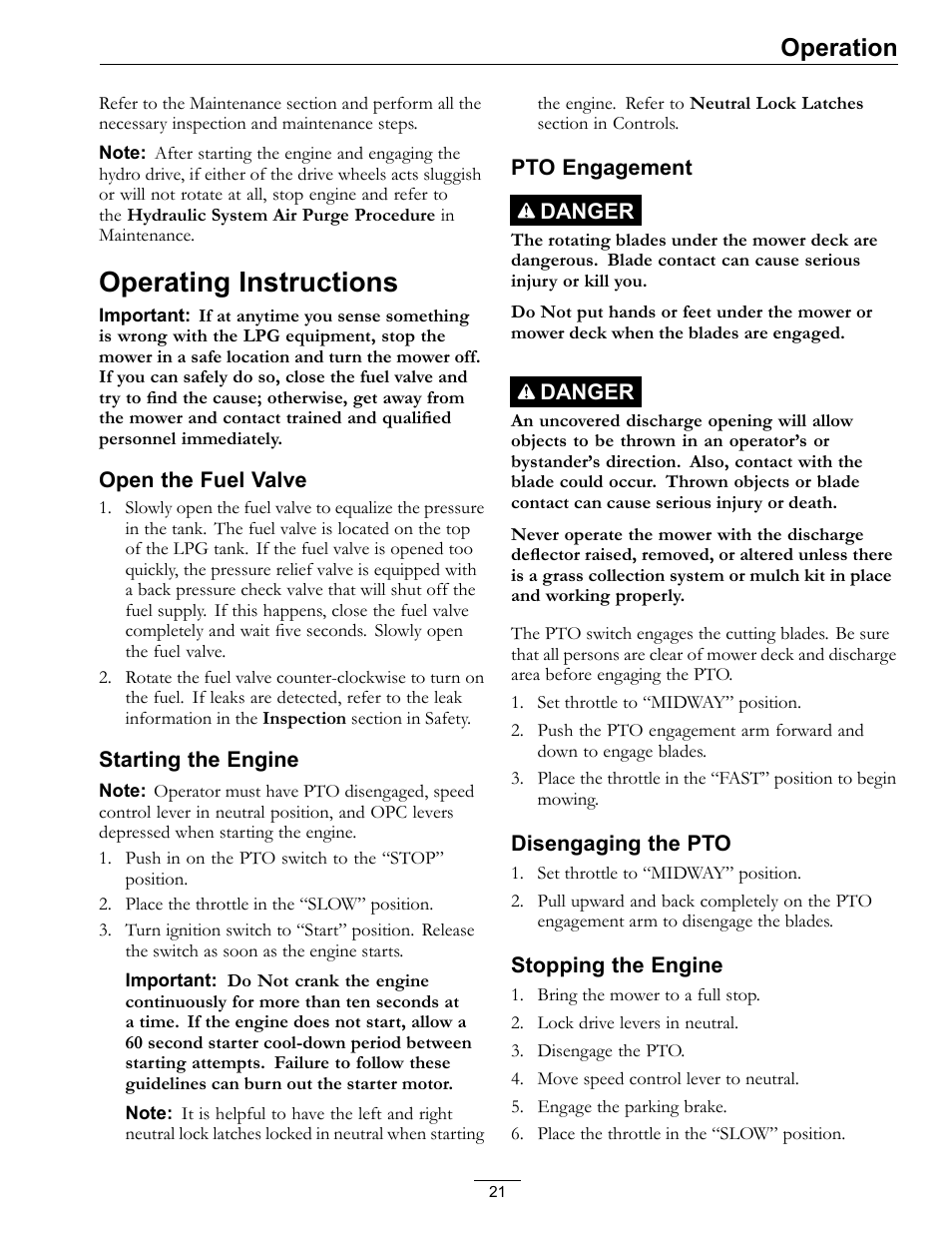 Operating instructions, Operation | Exmark Turf Tracer S-Series 000 & higher User Manual | Page 21 / 52