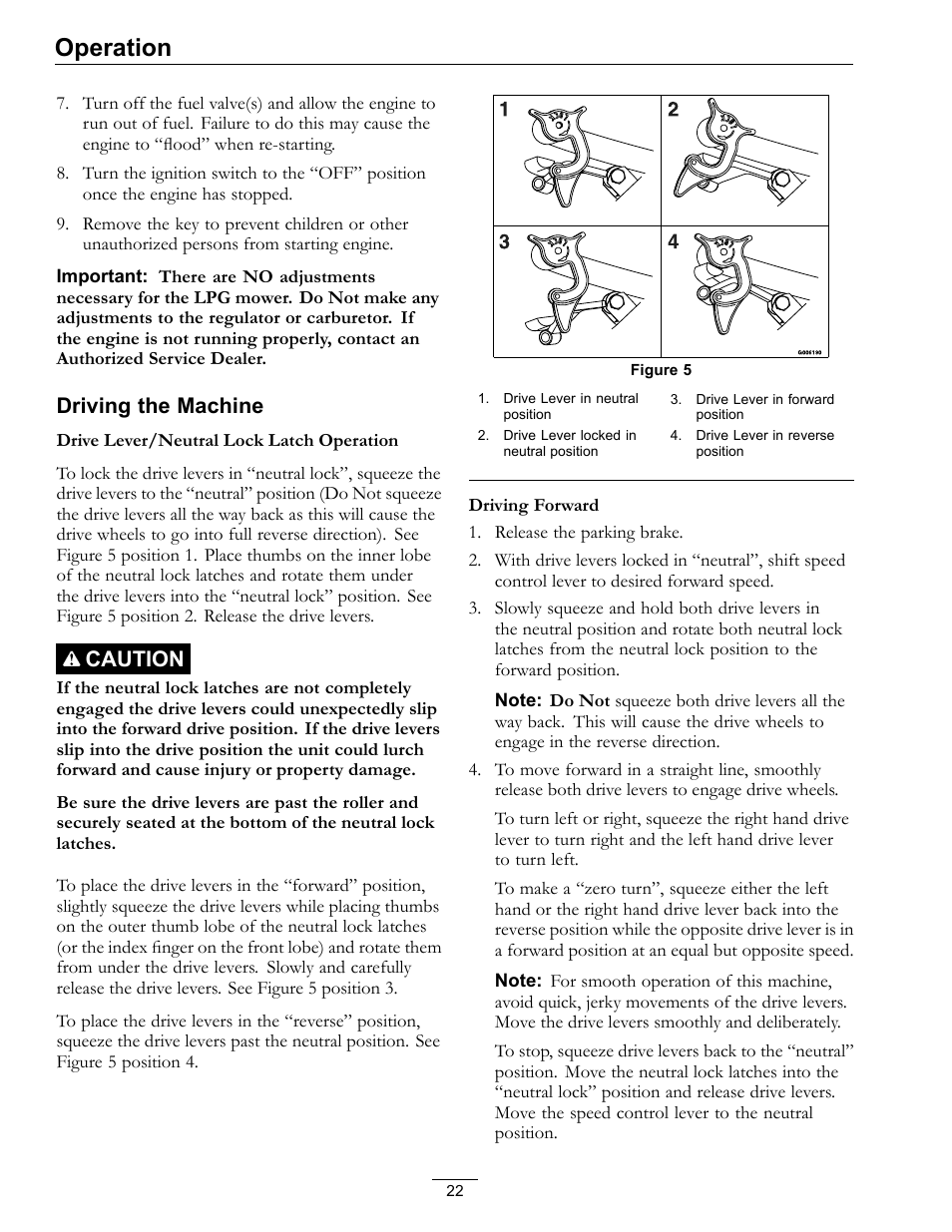 Operation, Driving the machine, Caution | Exmark Turf Tracer S-Series 000 & higher User Manual | Page 22 / 52