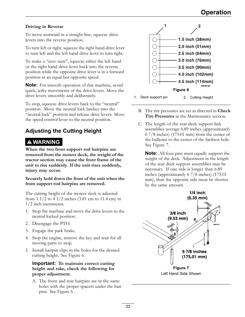 Operation, Adjusting the cutting height warning | Exmark Turf Tracer S-Series 000 & higher User Manual | Page 23 / 52