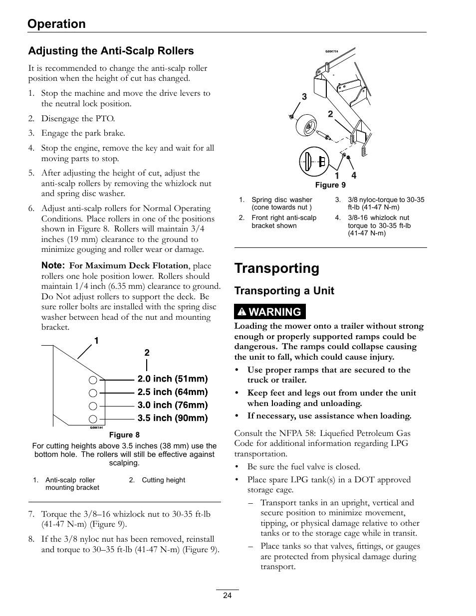 Transporting, Operation, Adjusting the anti-scalp rollers | Transporting a unit warning | Exmark Turf Tracer S-Series 000 & higher User Manual | Page 24 / 52