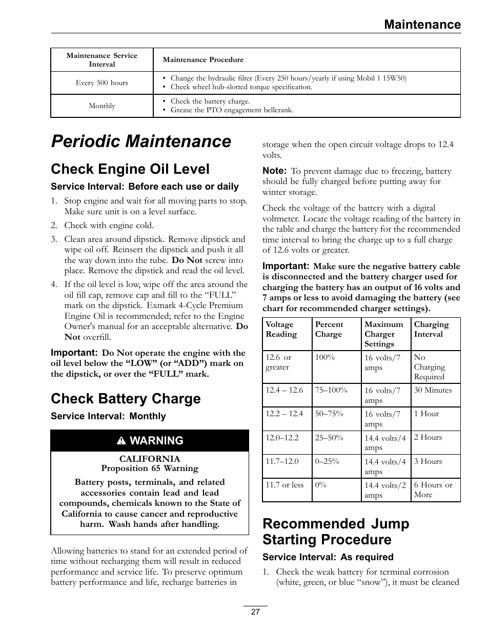 Periodic maintenance, Check engine oil level check battery charge, Check engine oil level | Check battery charge, Recommended jump starting procedure, Maintenance | Exmark Turf Tracer S-Series 000 & higher User Manual | Page 27 / 52