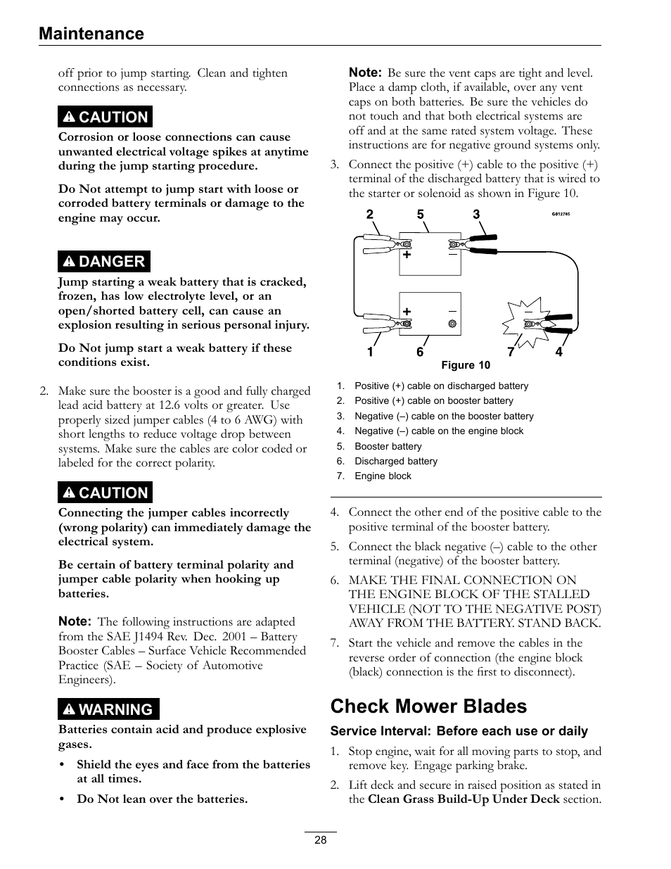 Check mower blades, Maintenance, Caution | Danger, Warning | Exmark Turf Tracer S-Series 000 & higher User Manual | Page 28 / 52