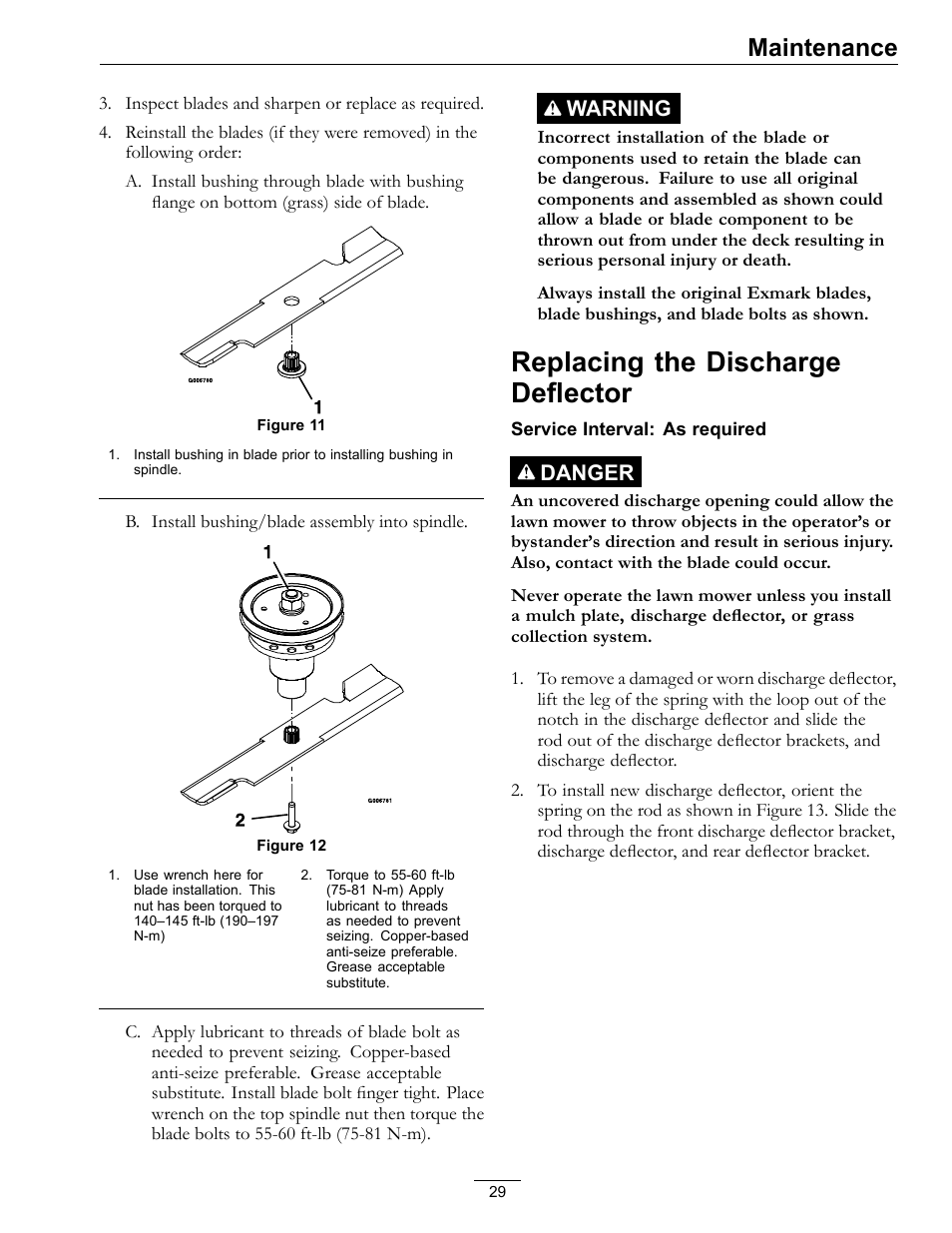 Replacing the discharge deflector, Maintenance, Warning | Danger | Exmark Turf Tracer S-Series 000 & higher User Manual | Page 29 / 52