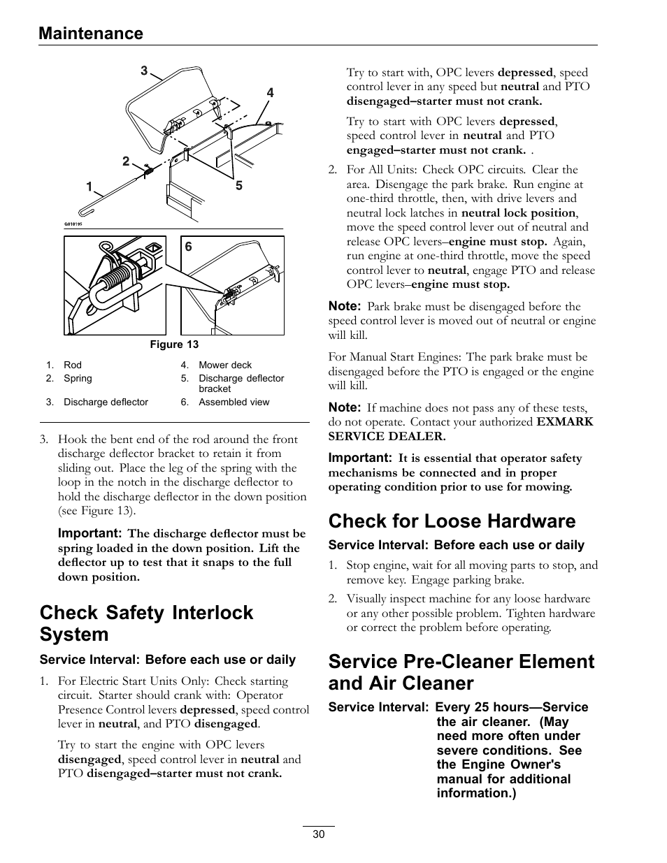 Cleaner, Check safety interlock system, Check for loose hardware | Service pre-cleaner element and air cleaner, Maintenance | Exmark Turf Tracer S-Series 000 & higher User Manual | Page 30 / 52