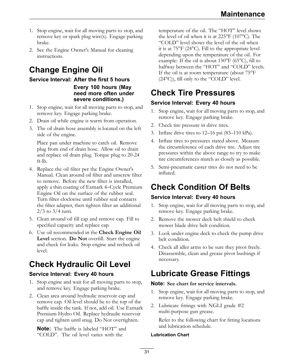 Change engine oil, Check hydraulic oil level, Check tire pressures | Check condition of belts, Lubricate grease fittings, Maintenance | Exmark Turf Tracer S-Series 000 & higher User Manual | Page 31 / 52