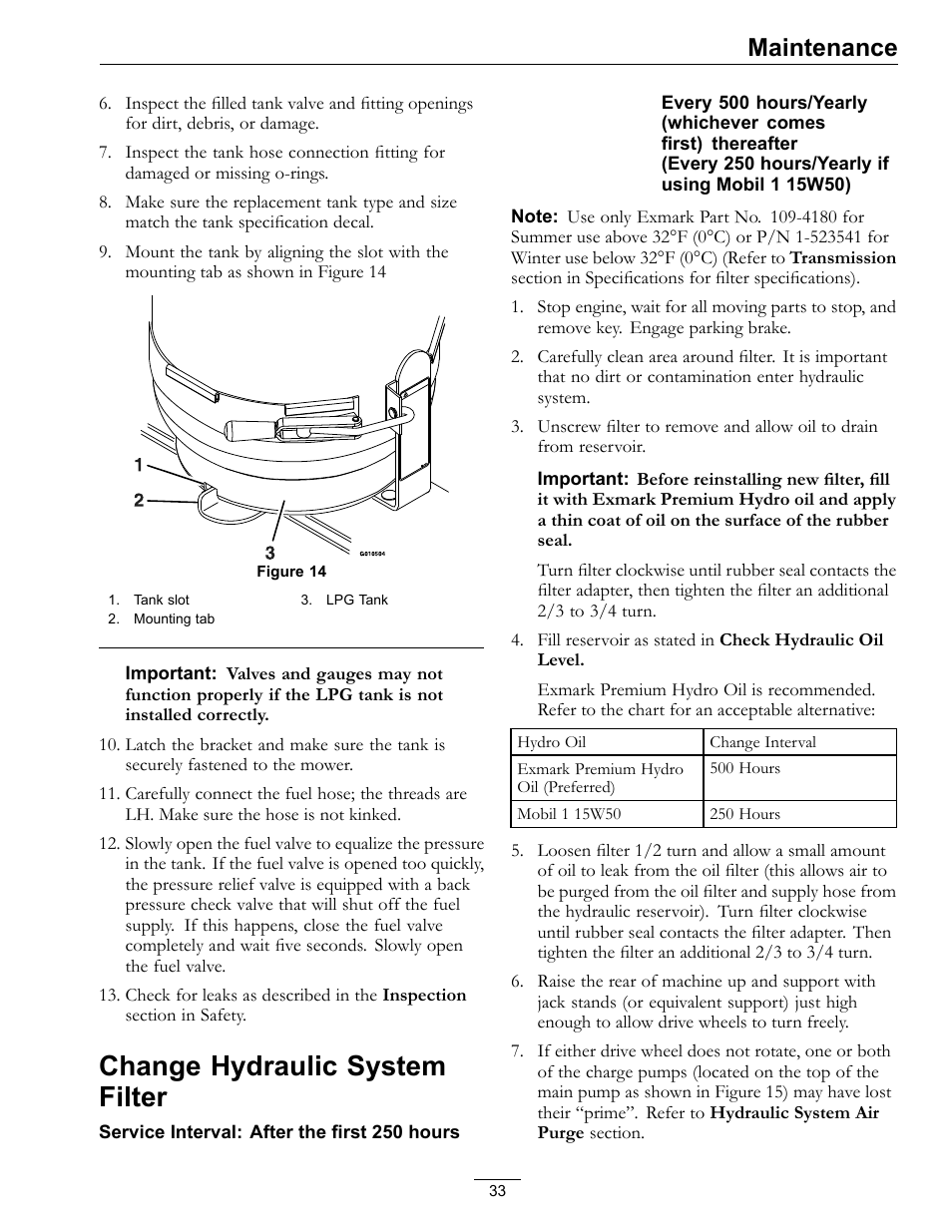 Change hydraulic system filter, Maintenance | Exmark Turf Tracer S-Series 000 & higher User Manual | Page 33 / 52