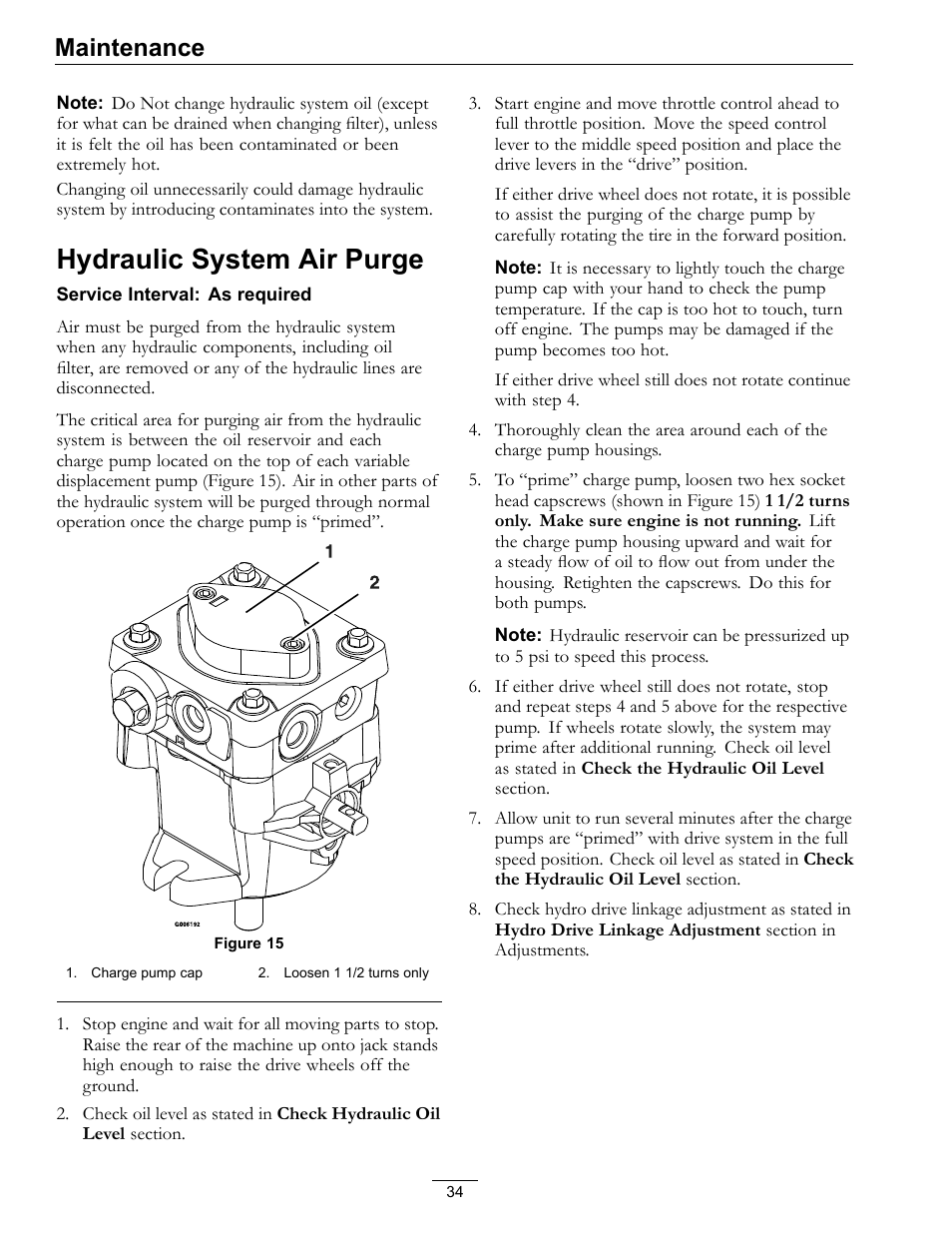 Hydraulic system air purge, Maintenance | Exmark Turf Tracer S-Series 000 & higher User Manual | Page 34 / 52