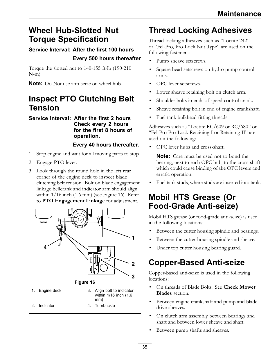 Wheel hub-slotted nut torque, Specification, Anti-seize) | Copper-based anti-seize, Wheel hub-slotted nut torque specification, Inspect pto clutching belt tension, Thread locking adhesives, Mobil hts grease (or food-grade anti-seize), Maintenance | Exmark Turf Tracer S-Series 000 & higher User Manual | Page 35 / 52