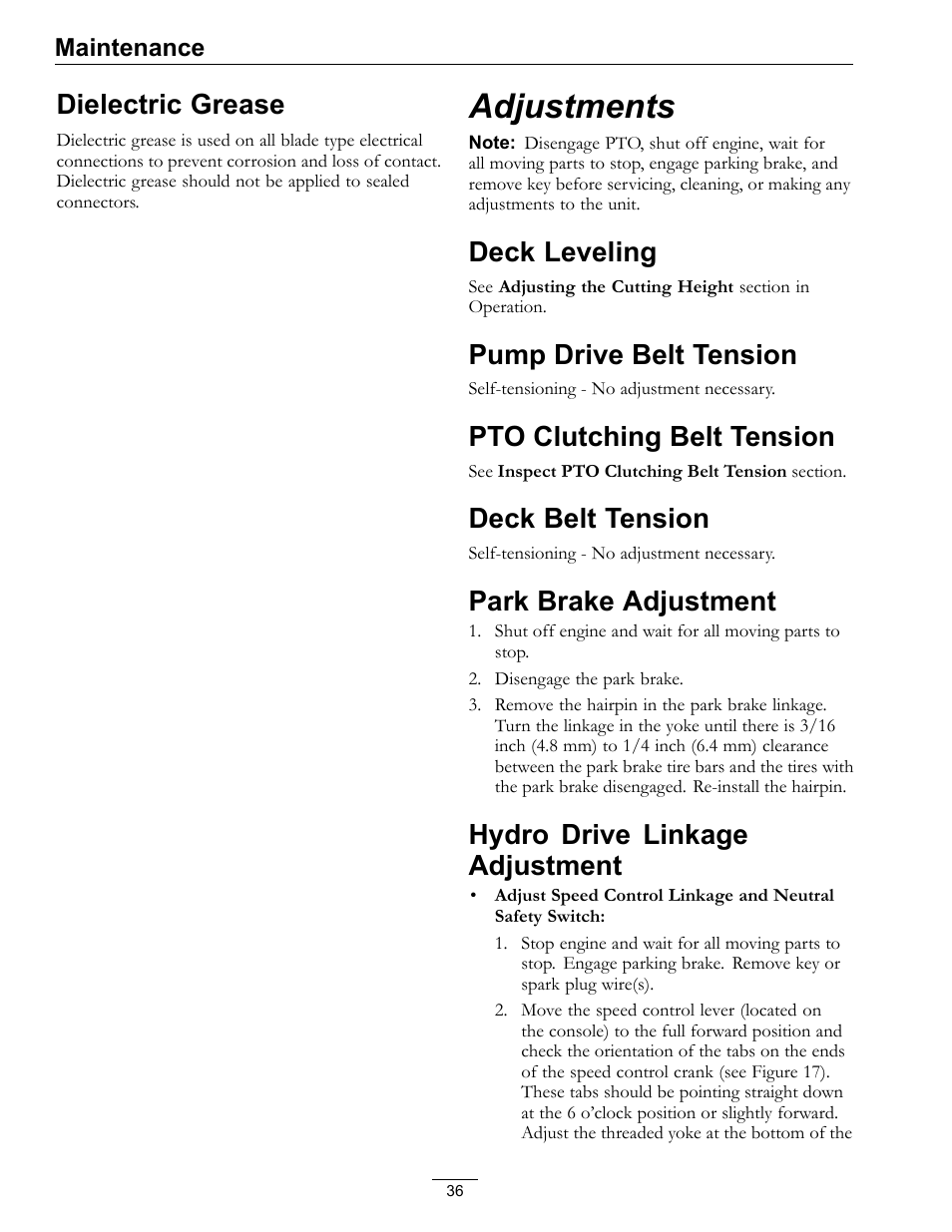Dielectric grease, Adjustments, Hydro drive linkage adjustment | Deck leveling, Pump drive belt tension, Pto clutching belt tension, Deck belt tension, Park brake adjustment | Exmark Turf Tracer S-Series 000 & higher User Manual | Page 36 / 52