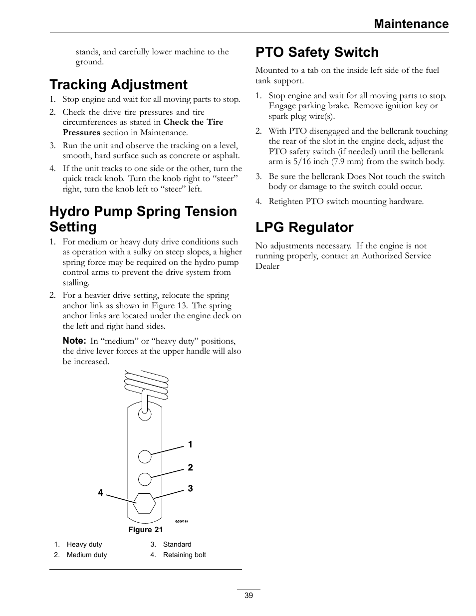 Lpg regulator, Tracking adjustment, Hydro pump spring tension setting | Pto safety switch, Maintenance | Exmark Turf Tracer S-Series 000 & higher User Manual | Page 39 / 52