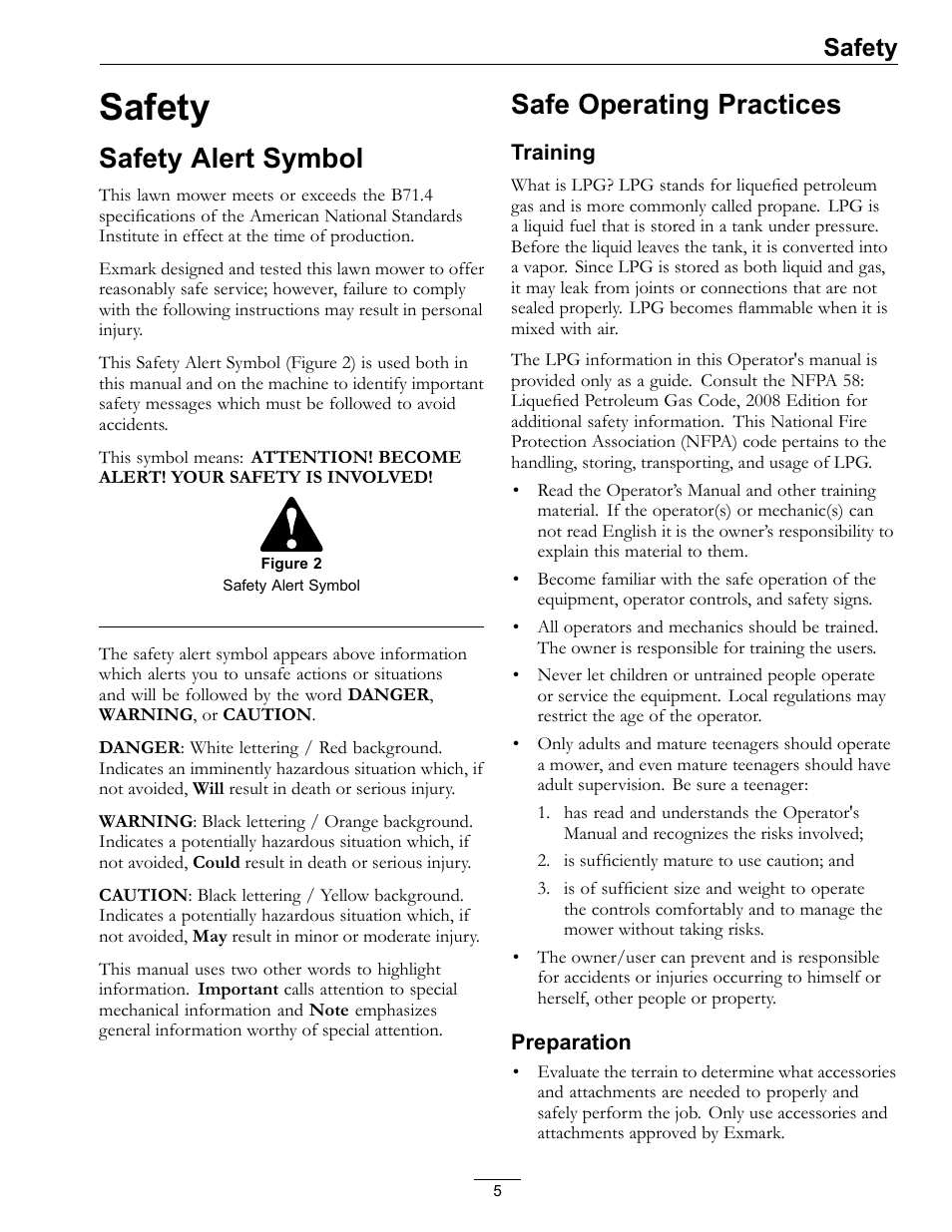 Safety, Safety alert symbol safe operating practices, Safety alert symbol | Safe operating practices | Exmark Turf Tracer S-Series 000 & higher User Manual | Page 5 / 52