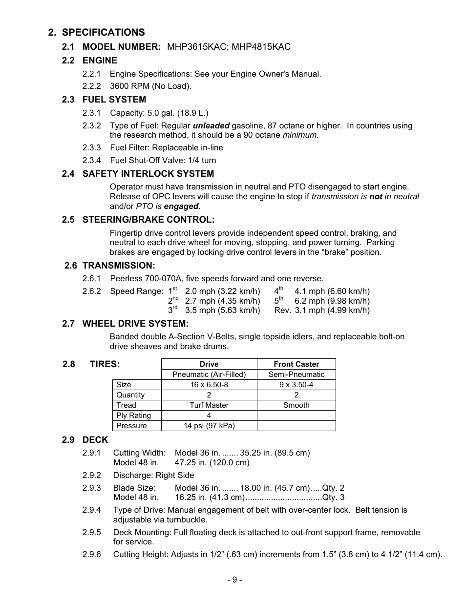 Specifications | Exmark Mhp3615kac User Manual | Page 14 / 40