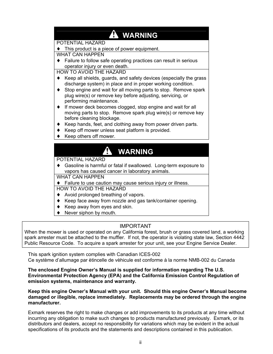 Warning | Exmark Mhp3615kac User Manual | Page 2 / 40