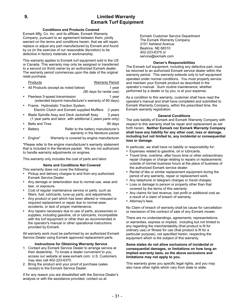 Limited warranty exmark turf equipment | Exmark Mhp3615kac User Manual | Page 36 / 40