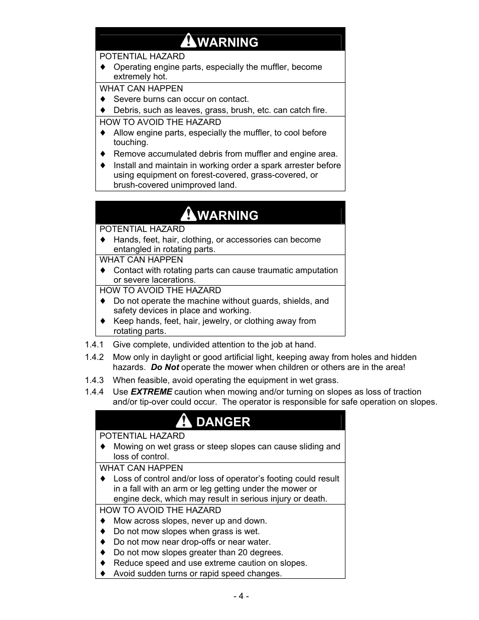 Warning, Danger | Exmark Mhp3615kac User Manual | Page 9 / 40