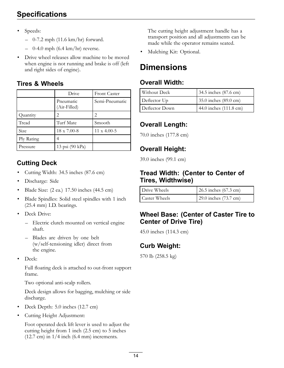 Dimensions, Specifications | Exmark Phazer PHZ19KA343 User Manual | Page 14 / 40