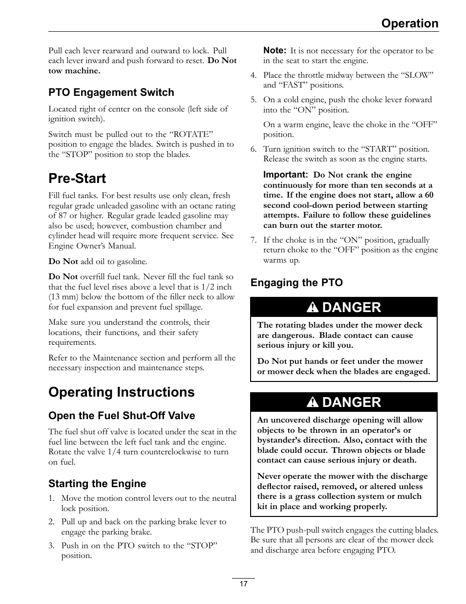 Pre-start operating instructions, Pre-start, Operating instructions | Danger, Operation | Exmark Phazer PHZ19KA343 User Manual | Page 17 / 40