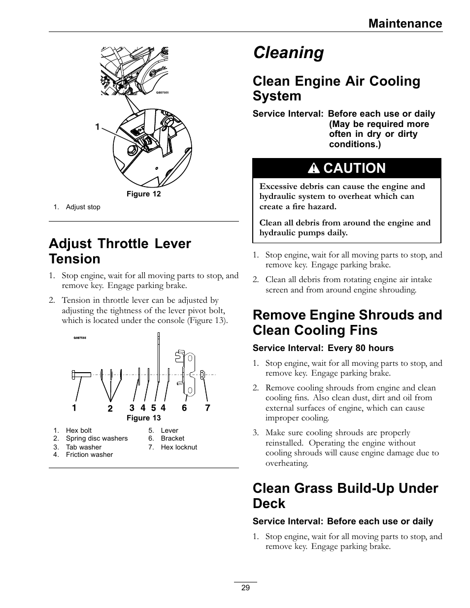 Adjust throttle lever tension, Cleaning, Fins | Clean grass build-up under deck, Clean engine air cooling system, Caution, Remove engine shrouds and clean cooling fins, Maintenance | Exmark Phazer PHZ19KA343 User Manual | Page 29 / 40