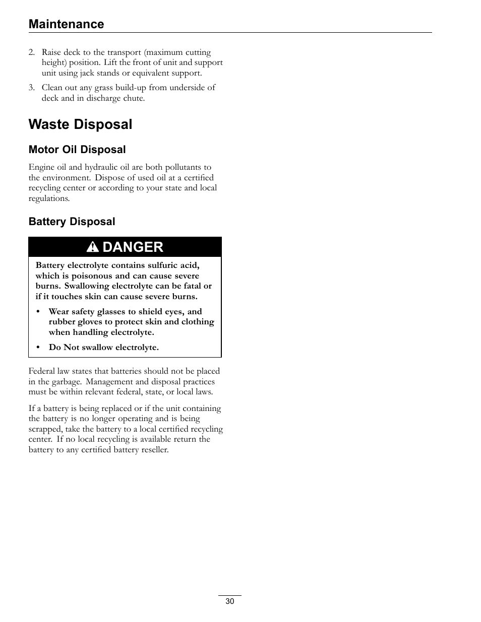 Waste disposal, Danger, Maintenance | Exmark Phazer PHZ19KA343 User Manual | Page 30 / 40