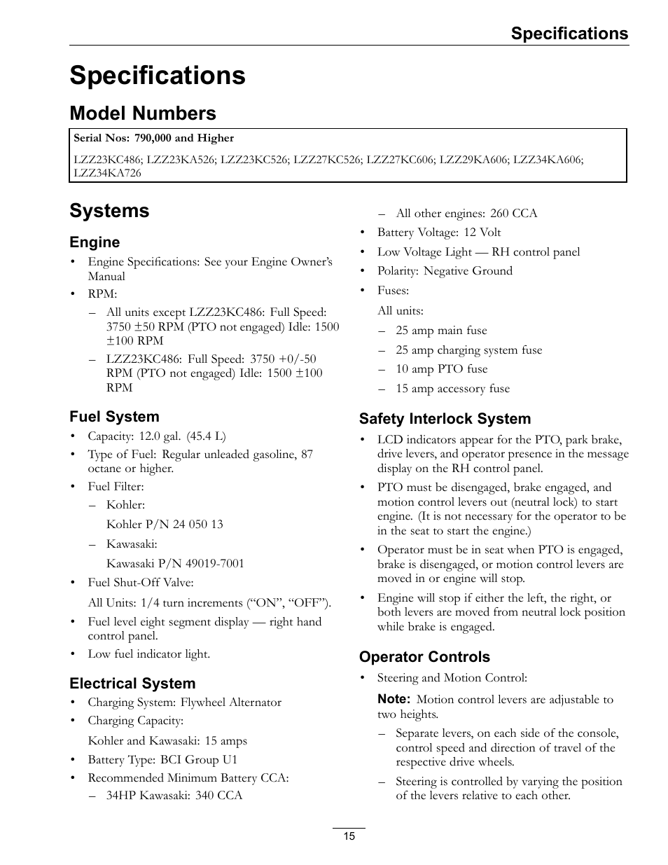 Specifications, Model numbers systems, Model numbers | Systems | Exmark Lazer Z Mower 4500-507 User Manual | Page 15 / 56