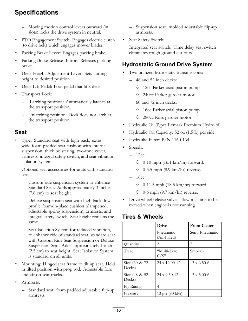 Specifications | Exmark Lazer Z Mower 4500-507 User Manual | Page 16 / 56