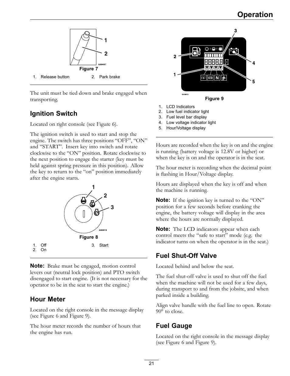 Figure 9, Figure 9), Operation | Ignition switch, Hour meter, Fuel shut-off valve, Fuel gauge | Exmark Lazer Z Mower 4500-507 User Manual | Page 21 / 56