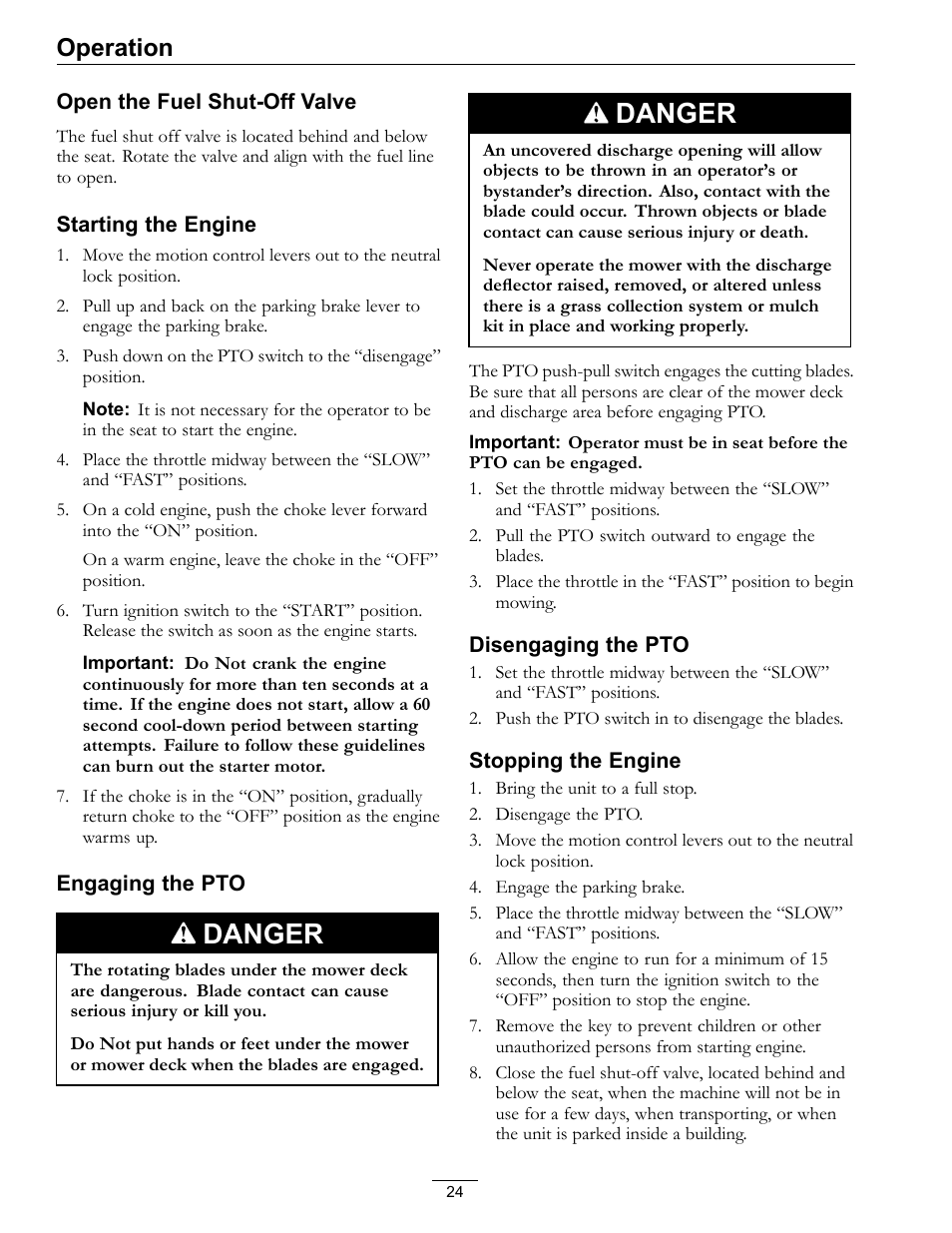 Danger, Operation | Exmark Lazer Z Mower 4500-507 User Manual | Page 24 / 56