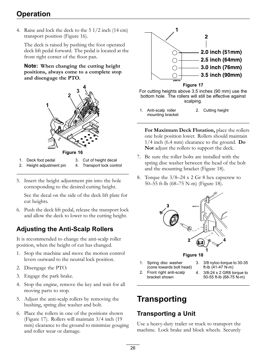 Transporting, Operation, Adjusting the anti-scalp rollers | Transporting a unit | Exmark Lazer Z Mower 4500-507 User Manual | Page 26 / 56