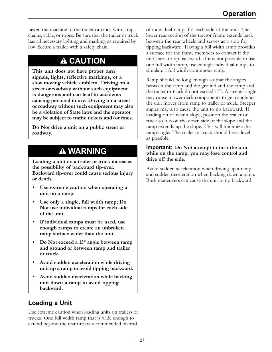 Caution, Warning, Operation | Exmark Lazer Z Mower 4500-507 User Manual | Page 27 / 56