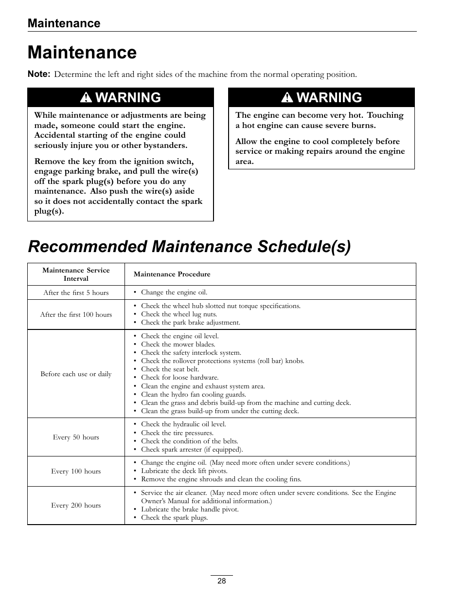 Maintenance, Recommended maintenance schedule(s), Warning | Exmark Lazer Z Mower 4500-507 User Manual | Page 28 / 56