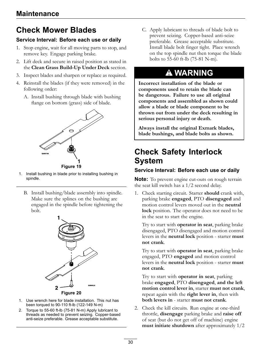 Check mower blades check safety interlock system, Check mower blades, Warning | Check safety interlock system, Maintenance | Exmark Lazer Z Mower 4500-507 User Manual | Page 30 / 56