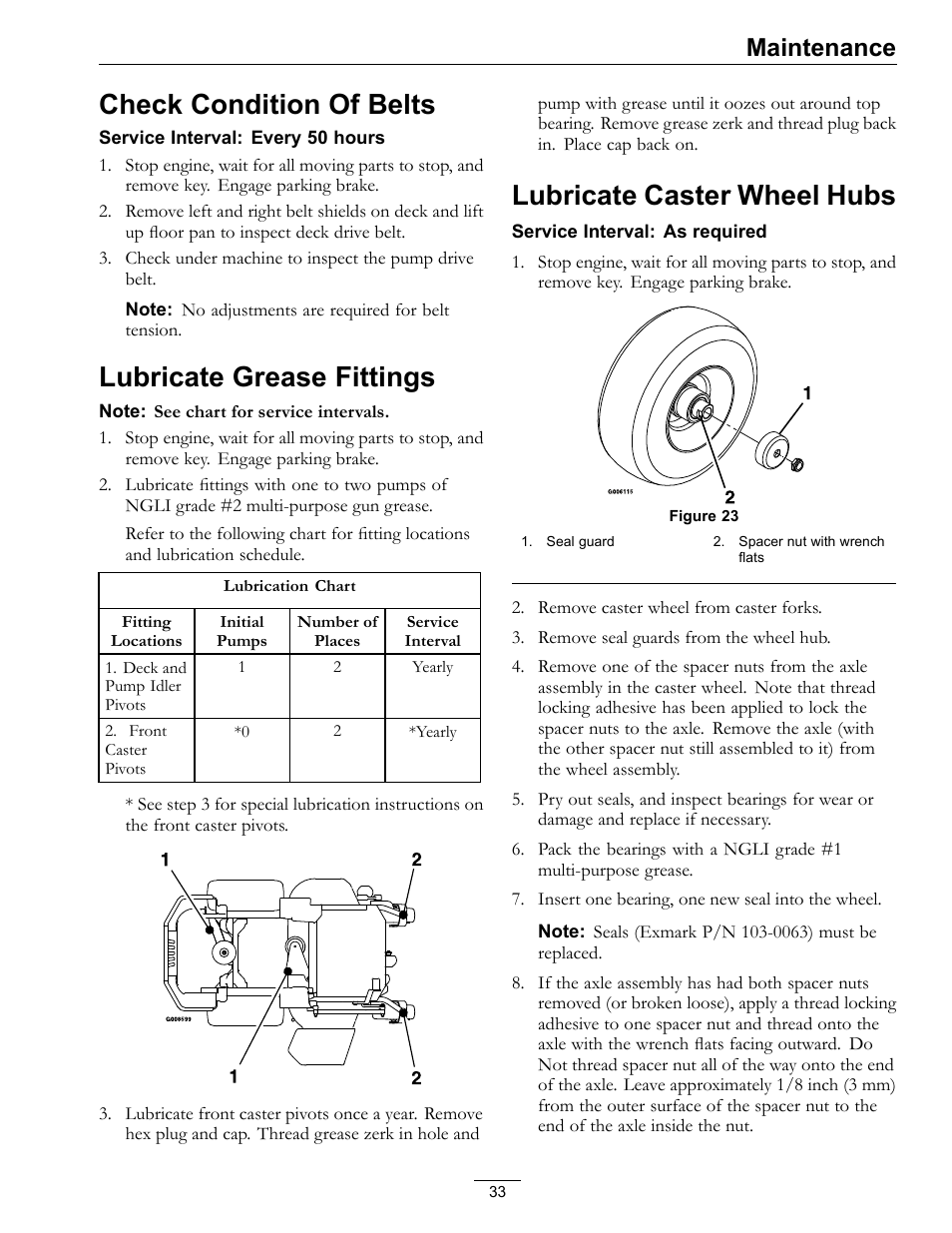 Check condition of belts lubricate grease fittings, Check condition of belts, Lubricate grease fittings | Lubricate caster wheel hubs, Maintenance | Exmark Lazer Z Mower 4500-507 User Manual | Page 33 / 56