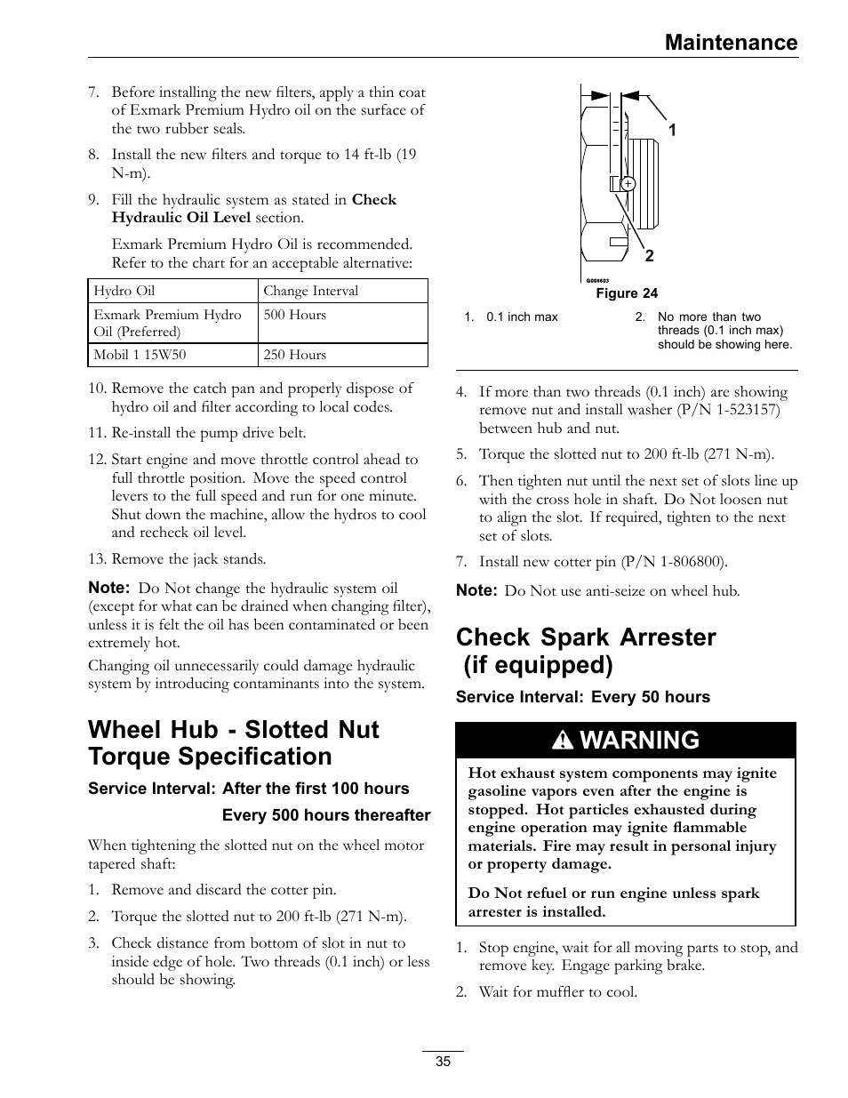 Wheel hub - slotted nut torque, Specification, Check spark arrester (if equipped) | Wheel hub - slotted nut torque specification, Warning, Maintenance | Exmark Lazer Z Mower 4500-507 User Manual | Page 35 / 56