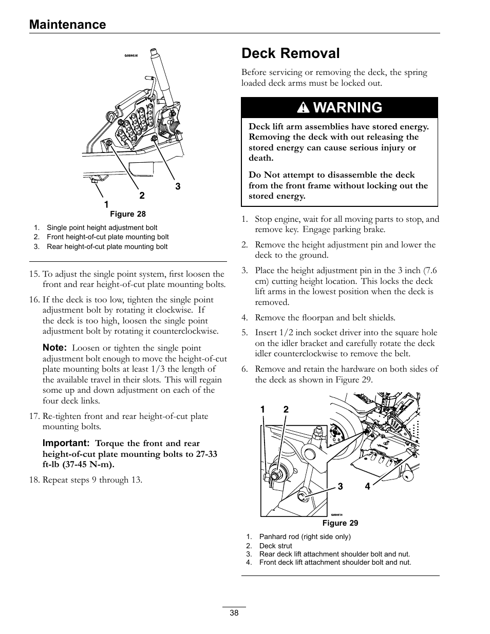 Deck removal, Warning, Maintenance | Exmark Lazer Z Mower 4500-507 User Manual | Page 38 / 56