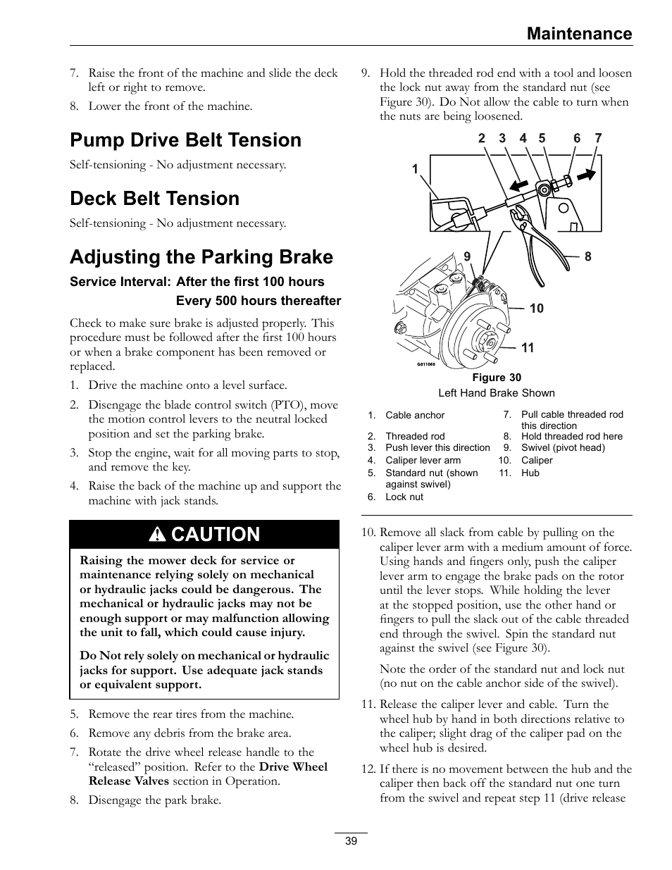 Pump drive belt tension, Deck belt tension, Adjusting the parking brake | Caution, Maintenance | Exmark Lazer Z Mower 4500-507 User Manual | Page 39 / 56