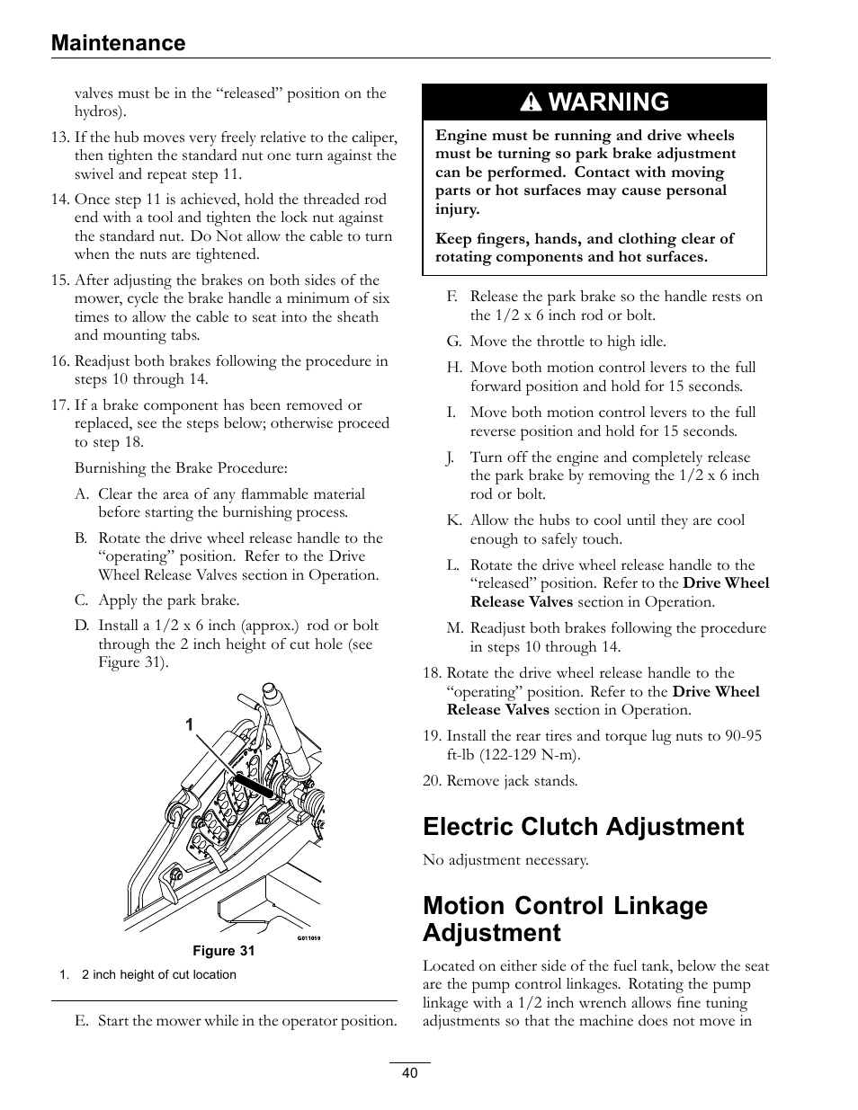 Warning, Electric clutch adjustment, Motion control linkage adjustment | Maintenance | Exmark Lazer Z Mower 4500-507 User Manual | Page 40 / 56