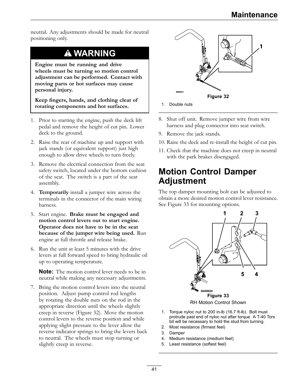 Motion control damper adjustment, Warning, Maintenance | Exmark Lazer Z Mower 4500-507 User Manual | Page 41 / 56