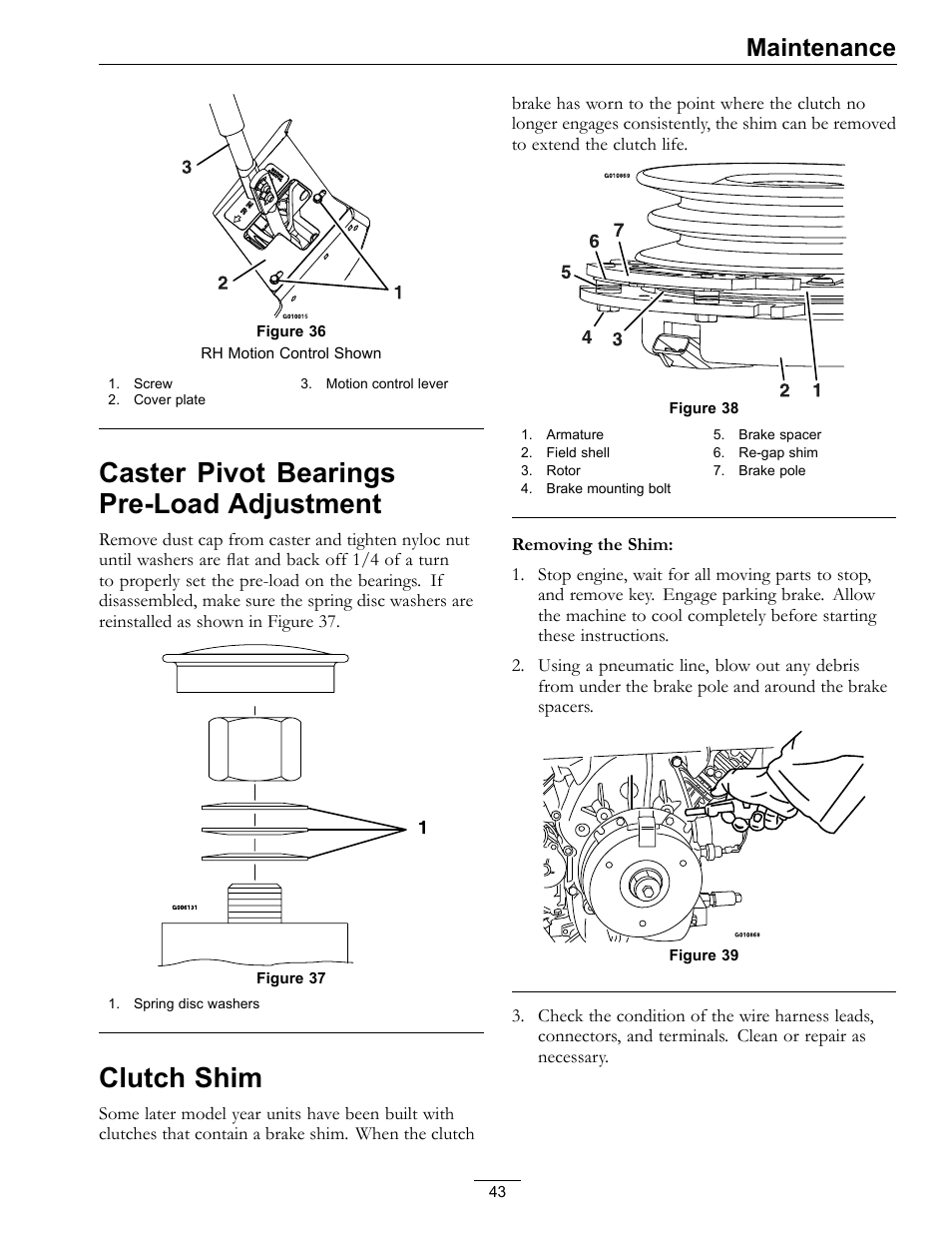 Caster pivot bearings pre-load, Adjustment, Clutch shim | Figure 36, Caster pivot bearings pre-load adjustment, Maintenance | Exmark Lazer Z Mower 4500-507 User Manual | Page 43 / 56