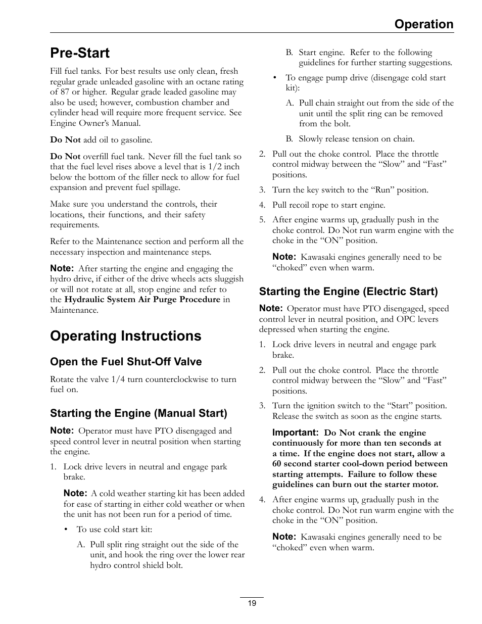 Pre-start operating instructions, Pre-start, Operating instructions | Operation | Exmark Turf Tracer HP 4500-358 User Manual | Page 19 / 48