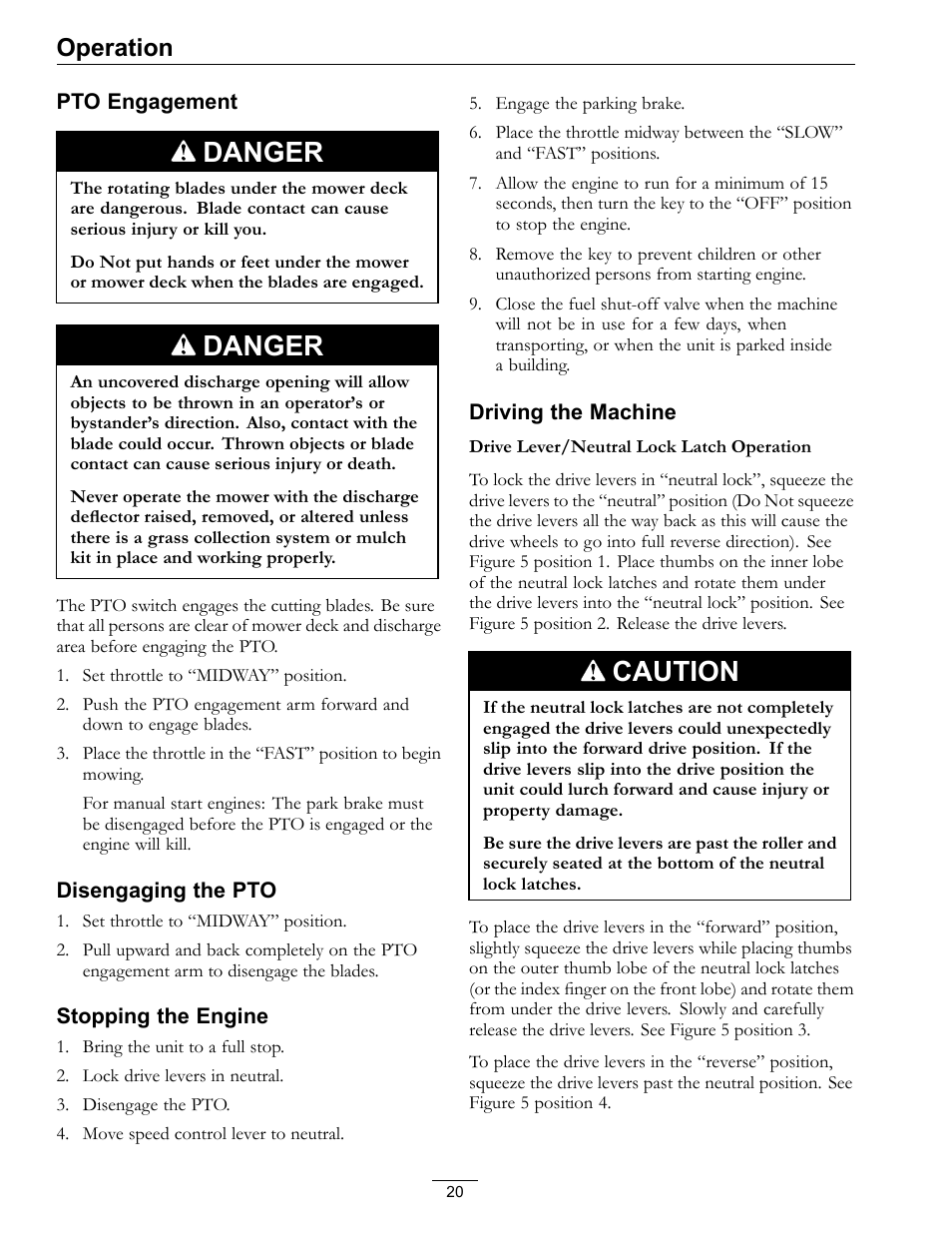 Danger, Caution, Operation | Exmark Turf Tracer HP 4500-358 User Manual | Page 20 / 48